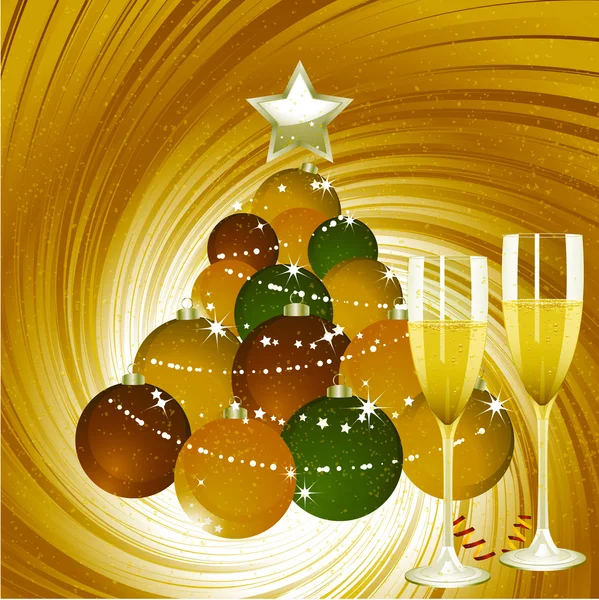 Boże Narodzenie tło z szampana i bawidełko drzewo — Wektor stockowy