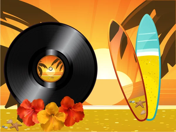 Summer sunset background with vinyl record surfing board hibiscu — Stockvector