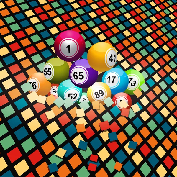 Boules de bingo brisant un fond de tuiles colorées — Image vectorielle