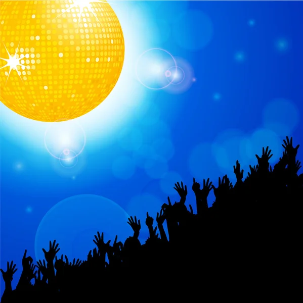 Disco bola con multitud sobre fondo azul brillante — Vector de stock