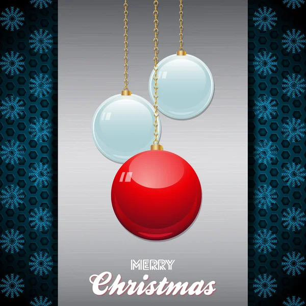 Christmas baubles over brushed metallic panel with text — Stock Vector