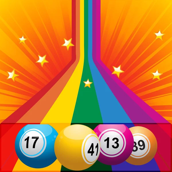 Bingo ballen uit een regenboog voortvloeiende — Stockvector