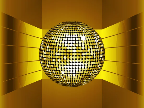 Golden disco ball on golden metallic environment — Stock Vector