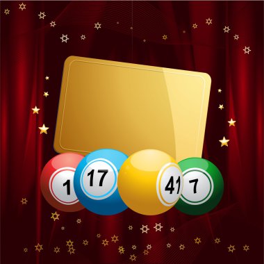 Bingo topları Noel hediye ile kırmızı kadife arka plan üzerinde tag
