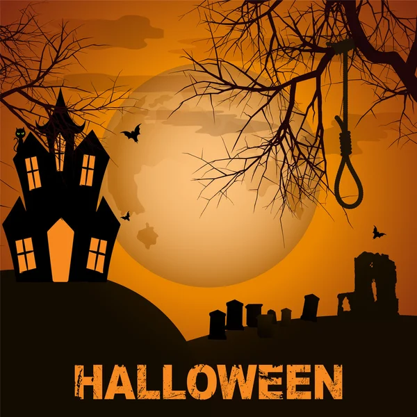 Fond d'Halloween avec des arbres de maison effrayants et cimetière — Image vectorielle