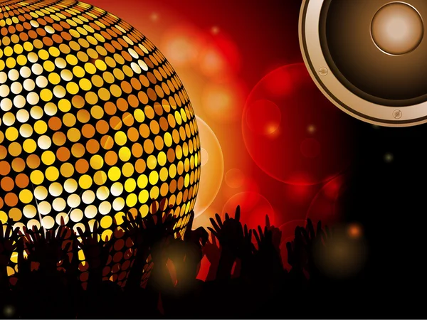 Disco bola y multitud con altavoz — Vector de stock