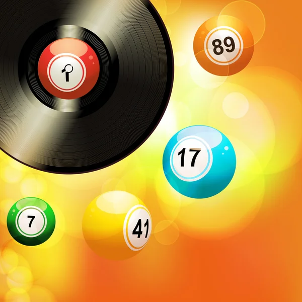 Sfondo luminoso con disco in vinile e palle da bingo — Vettoriale Stock