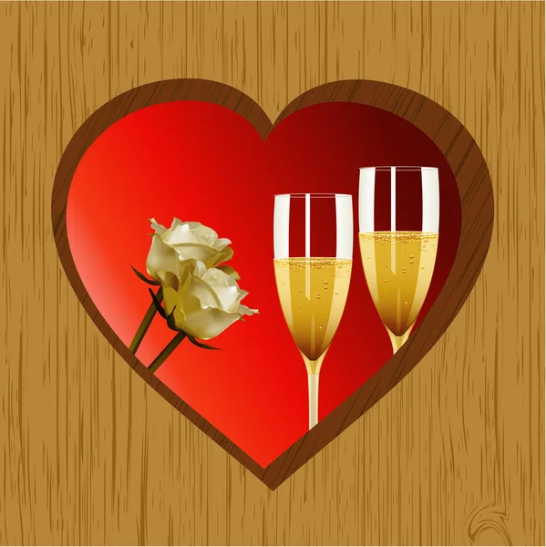 San Valentín corazón de madera champán y rosas — Vector de stock