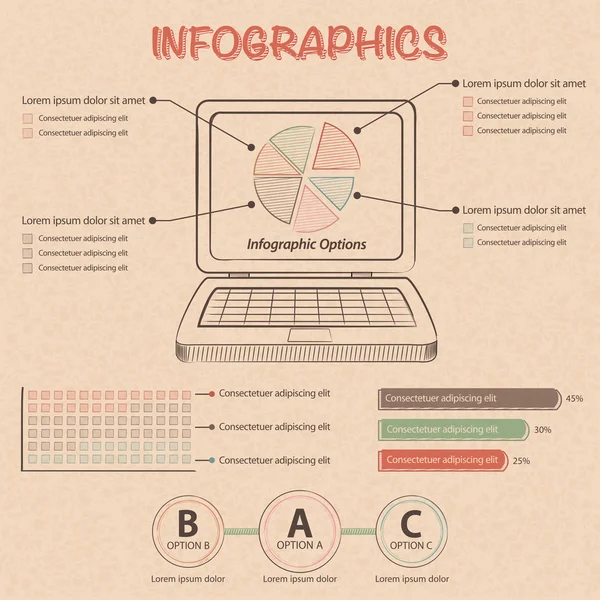 Infografía con ordenador portátil y elementos de diseño — Archivo Imágenes Vectoriales