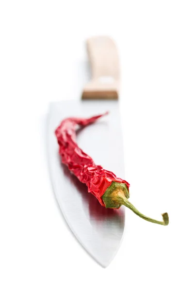 Suszone papryczki chili na nóż. — Zdjęcie stockowe