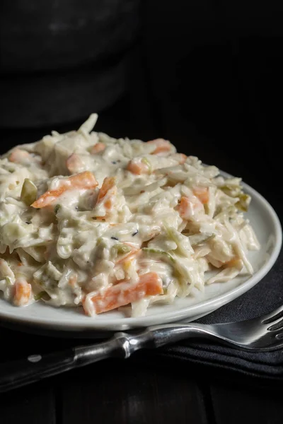 Coleslaw Salad Made Shredded White Cabbage Grated Carrot Mayonnaise Plate — Stock Photo, Image