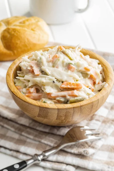 Coleslaw Salad Made Shredded White Cabbage Grated Carrot Mayonnaise Wooden — Stock Photo, Image