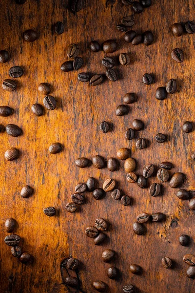 Roasted Coffee Beans Wooden Table Top View — Stock Photo, Image