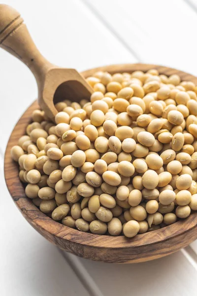 Dried Soy Beans Wooden Bowl White Table — Stock Photo, Image