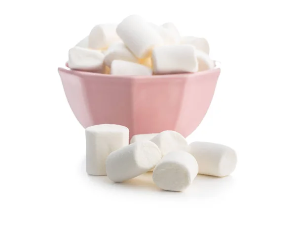 Bílé Sladké Marshmallows Sladkosti Misce Izolované Bílém Pozadí — Stock fotografie