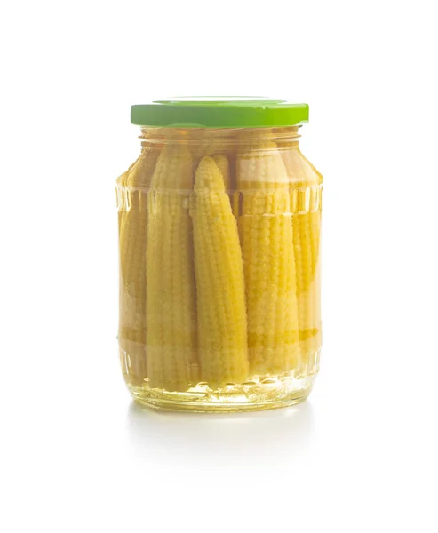 Pickled Young Baby Corn Cobs Jar Isolated White Background — Stock Photo, Image