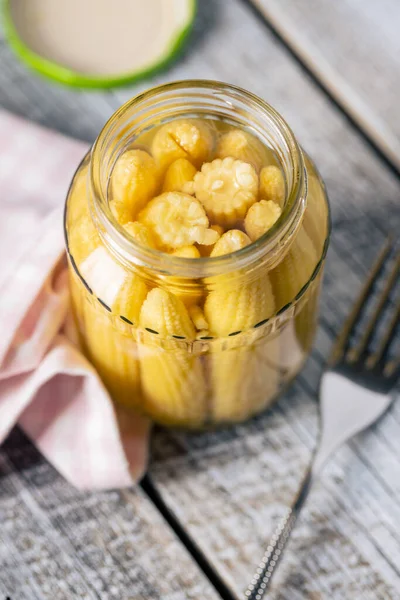 Pickled Young Baby Corn Cobs Jar — Stock Photo, Image