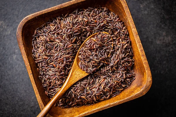Ungekochter Roter Reis Roher Wildreis Schüssel Ansicht Von Oben — Stockfoto