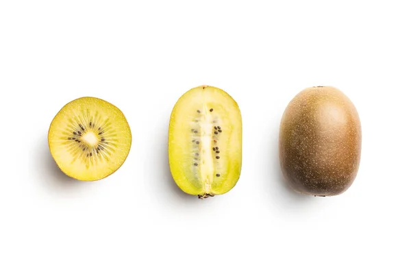 Dojrzały Żółty Owoc Kiwi Wyizolowany Białym Tle Połowa Owoców Kiwi — Zdjęcie stockowe