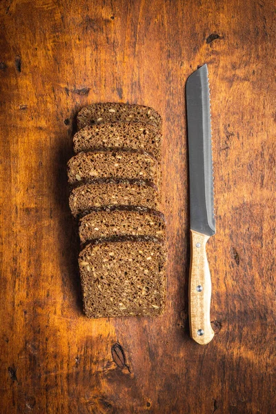 Dieting Cereal Bread Sunflower Seeds Wooden Table Top View — Stock Photo, Image