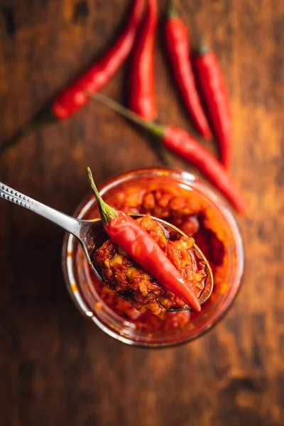 Red Hot Chili Paste Chili Pepper Spoon Top View — Stock Photo, Image