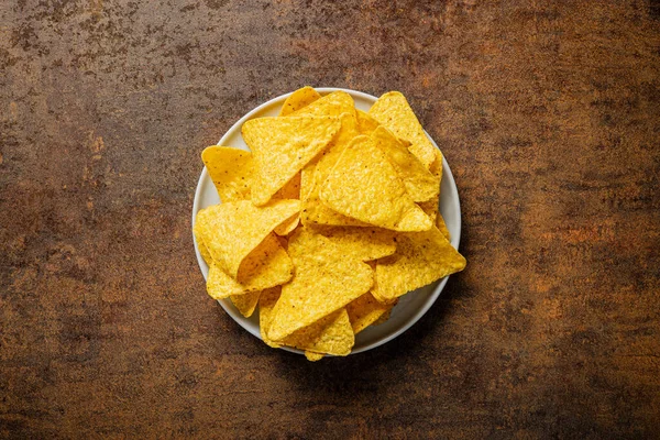 Tortilla Chips Mexican Nacho Chips Plate Top View — Stock Photo, Image