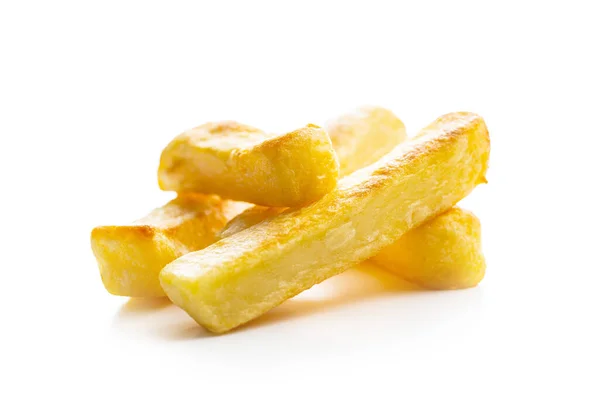 Grote Frietjes Gefrituurde Chips Geïsoleerd Witte Achtergrond — Stockfoto