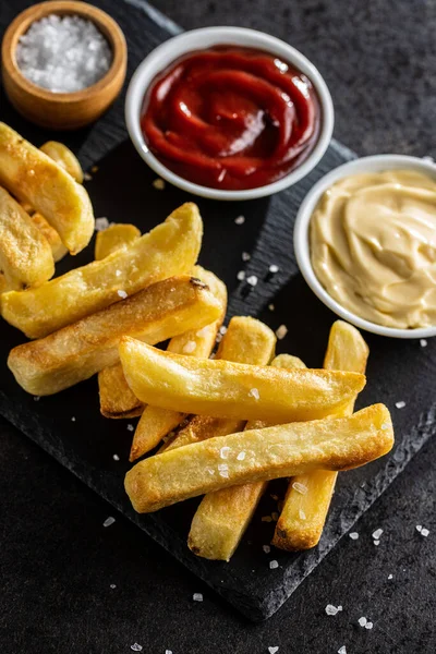 Big French Fries Fried Potato Chips Ketchup Mayo — Stock Photo, Image