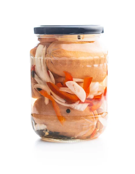 Pickled Sausages Onion Red Pepper Marinated Food Jar Isolated White — Stock Photo, Image