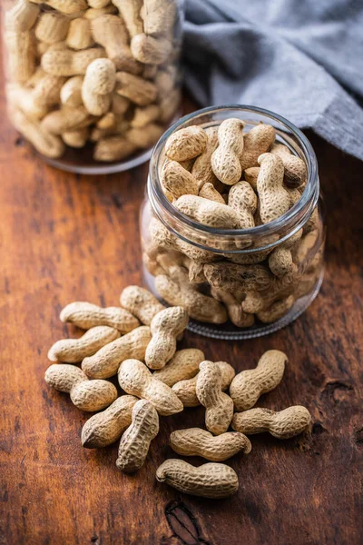 Des Cacahuètes Rôties Arachides Savoureux Sur Table Bois — Photo