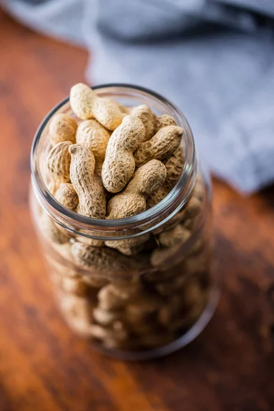 Roasted Peanuts Tasty Groundnuts Jar Wooden Table — Stock Photo, Image