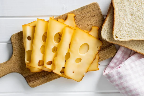 Sliced Smoked Hard Cheese Cutting Board Top View — Stock Photo, Image