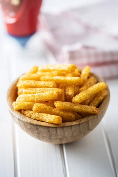 Batatas Fritas Lanche Salgado Batatas Fritas Tigela Mesa Branca — Fotografia de Stock