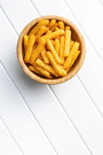 French Fries Salted Snack Potato Chips Bowl White Table Top — Stock Photo, Image