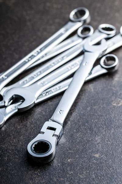 Stainless Steel Ratchet Wrench Black Table — Stock Photo, Image