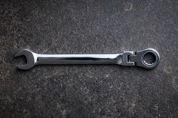 Stainless Steel Ratchet Wrench Black Table Top View — Stock Photo, Image