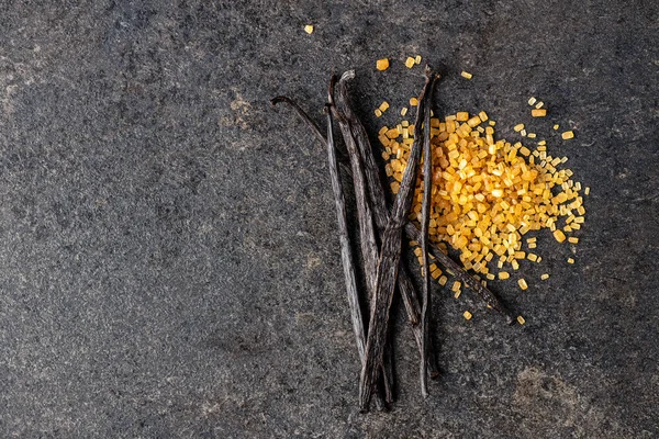 Vanilla Pods Sticks Vanilla Brown Sugar Black Table Top View — Stock Photo, Image