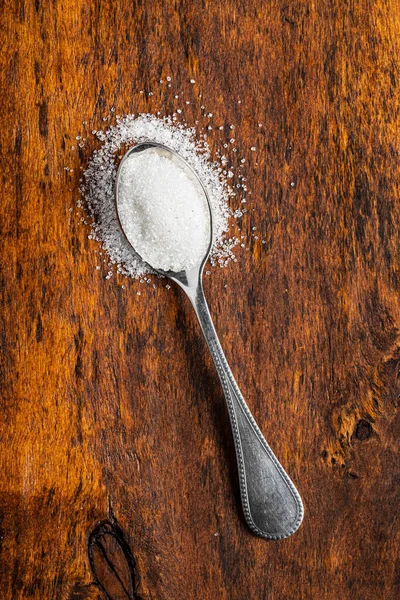 Weißer Zucker Löffel Auf Holztisch Ansicht Von Oben — Stockfoto