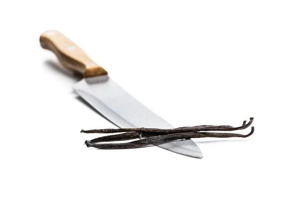 Vanilla Pods Knife Sticks Vanilla Isolated White Background — Stock Photo, Image