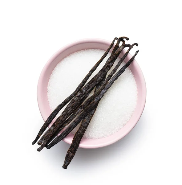 Vanilla Pods Sugar Bowl Sticks Vanilla Isolated White Background — Stock Photo, Image