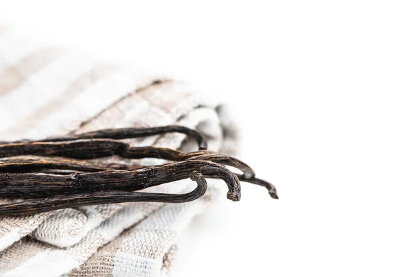 Vanilla Pods Checkered Napkin Sticks Vanilla Isolated White Background — Stock Photo, Image