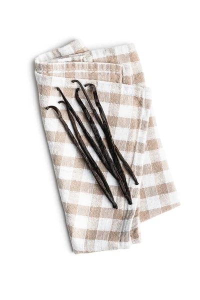 Vanilla Pods Checkered Napkin Sticks Vanilla Isolated White Background — Stock Photo, Image