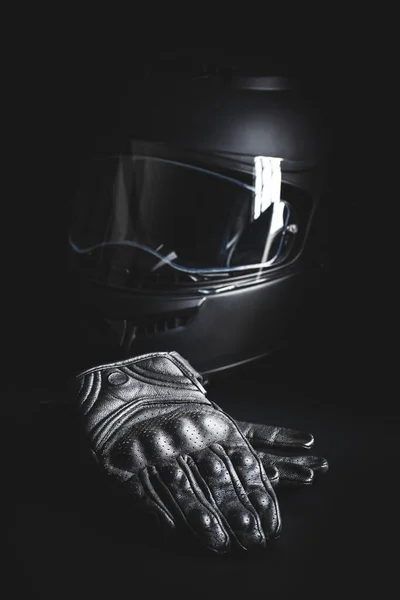 Black Leather Motorcycle Gloves Helmet Black Background — Stock Photo, Image