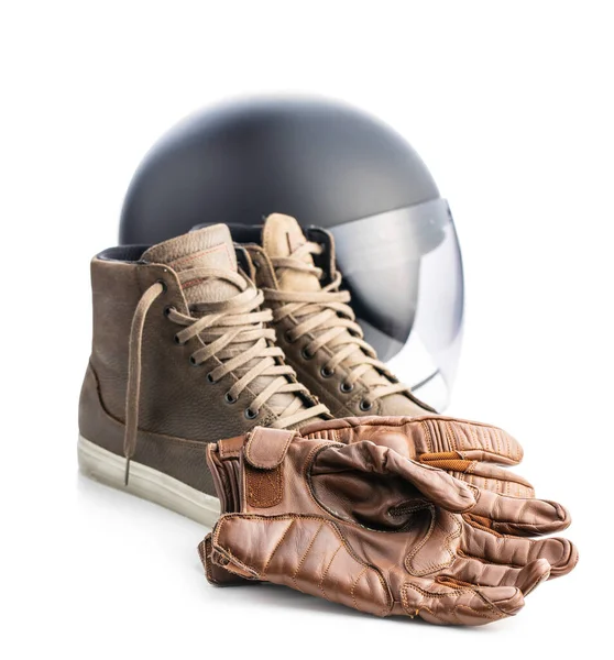 Safety Motorcycle Accessories Leather Gloves Helmet Shoes Isolated White Background — 스톡 사진