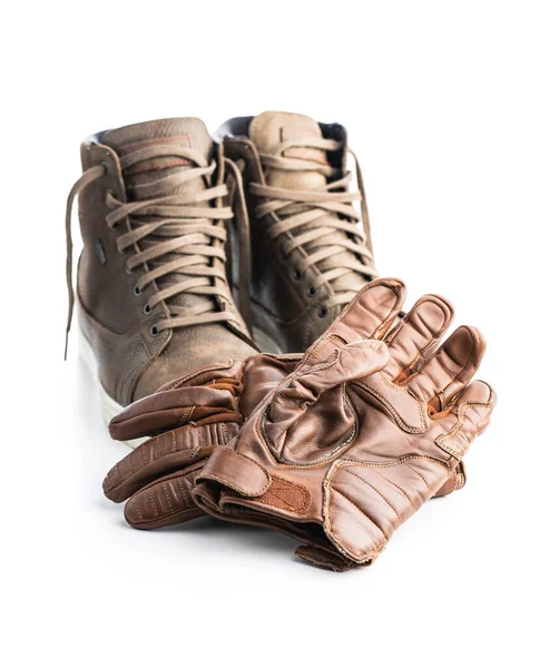 Safety Motorcycle Accessories Leather Gloves Shoes Isolated White Background — 스톡 사진
