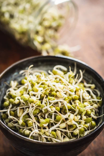 Sprouted Green Mung Beans Mung Sprouts Bowl Wooden Table — Stock Photo, Image