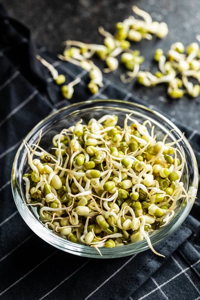 Trotse Groene Mungbonen Mung Spruitjes Schaal Zwarte Tafel — Stockfoto