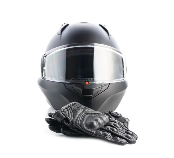 Sicherheit Motorradzubehör Lederhandschuhe Und Helm Isoliert Auf Weißem Hintergrund — Stockfoto