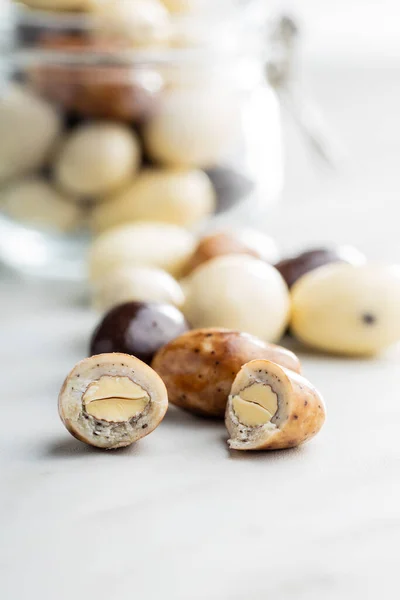 Sweet Chocolate Almonds Chocolate Eggs White Table — Stock Photo, Image