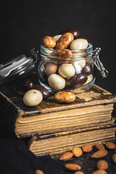 Sweet Chocolate Almonds Chocolate Eggs Jar — Stock Photo, Image